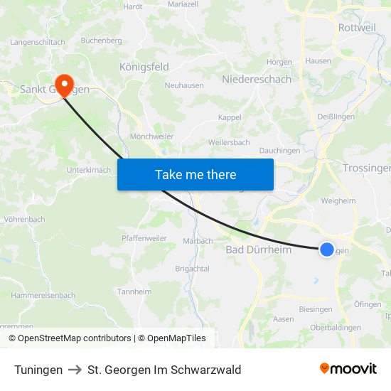 Tuningen to St. Georgen Im Schwarzwald map