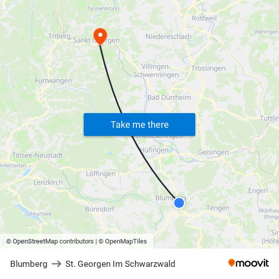 Blumberg to St. Georgen Im Schwarzwald map