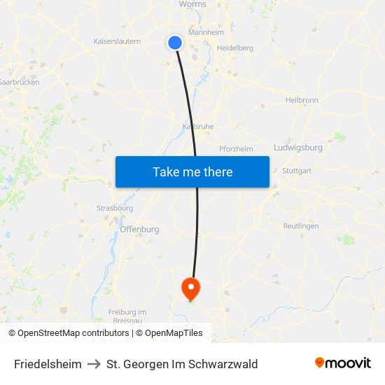 Friedelsheim to St. Georgen Im Schwarzwald map