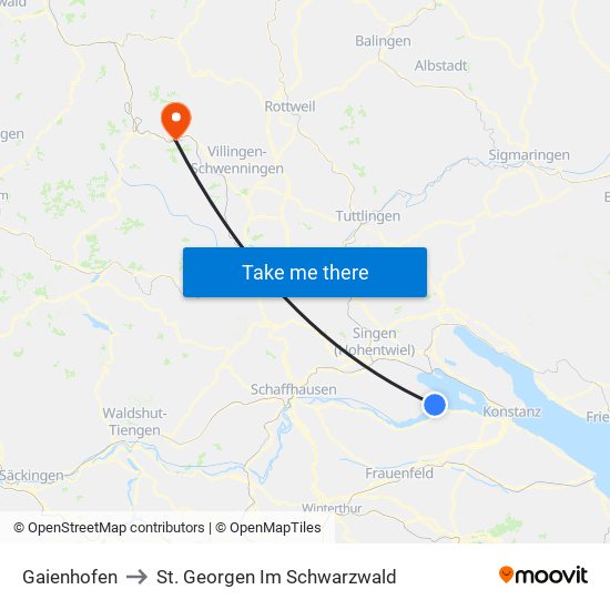 Gaienhofen to St. Georgen Im Schwarzwald map