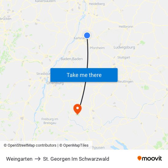Weingarten to St. Georgen Im Schwarzwald map