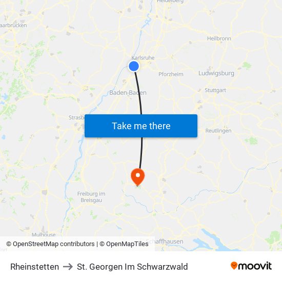 Rheinstetten to St. Georgen Im Schwarzwald map