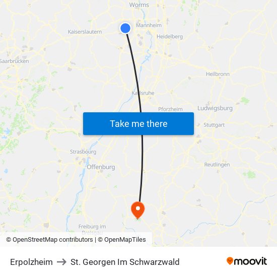 Erpolzheim to St. Georgen Im Schwarzwald map