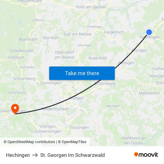 Hechingen to St. Georgen Im Schwarzwald map