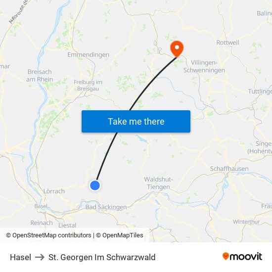 Hasel to St. Georgen Im Schwarzwald map