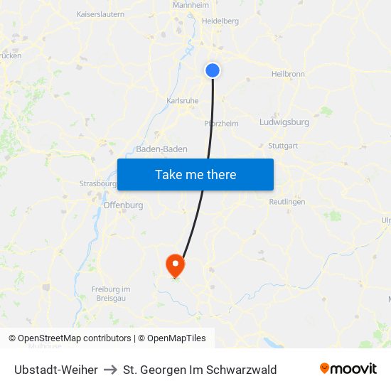 Ubstadt-Weiher to St. Georgen Im Schwarzwald map