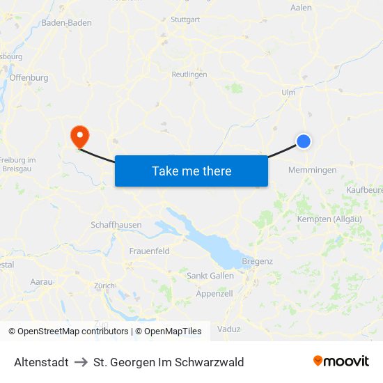 Altenstadt to St. Georgen Im Schwarzwald map