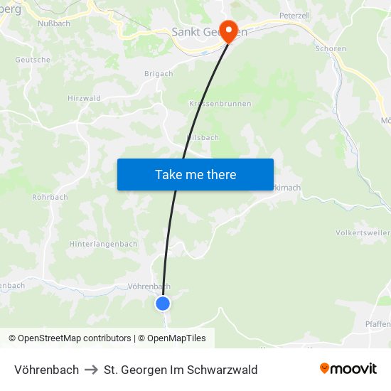 Vöhrenbach to St. Georgen Im Schwarzwald map