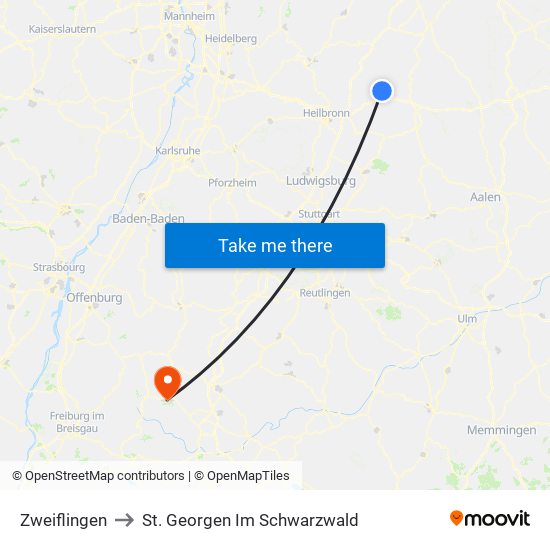 Zweiflingen to St. Georgen Im Schwarzwald map