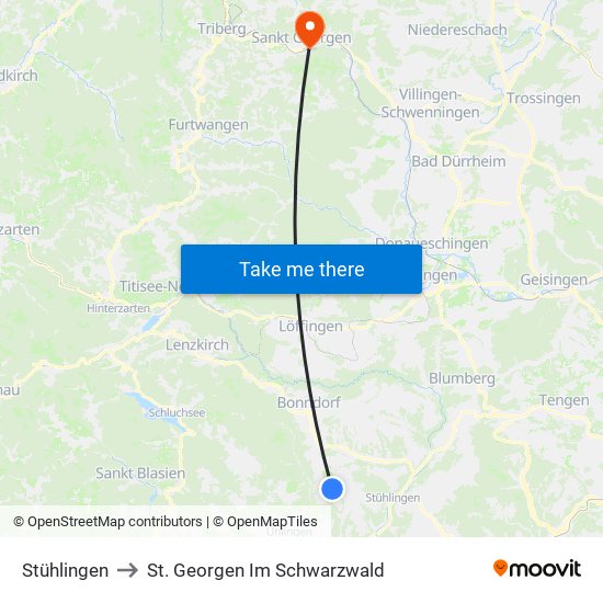 Stühlingen to St. Georgen Im Schwarzwald map