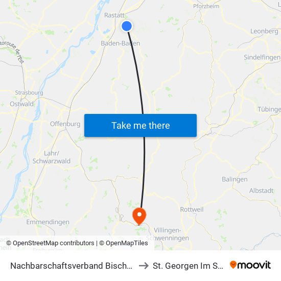 Nachbarschaftsverband Bischweier-Kuppenheim to St. Georgen Im Schwarzwald map