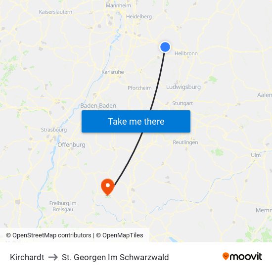 Kirchardt to St. Georgen Im Schwarzwald map