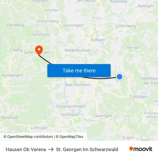 Hausen Ob Verena to St. Georgen Im Schwarzwald map