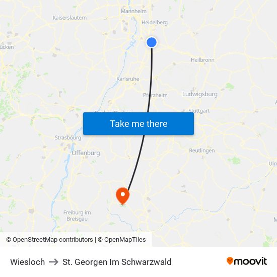 Wiesloch to St. Georgen Im Schwarzwald map