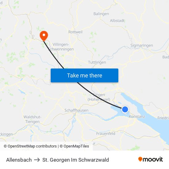 Allensbach to St. Georgen Im Schwarzwald map