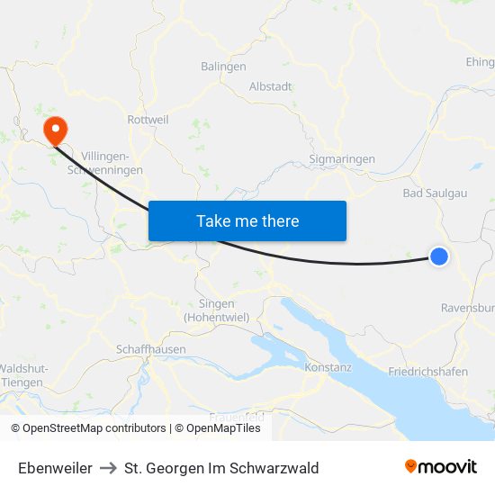 Ebenweiler to St. Georgen Im Schwarzwald map