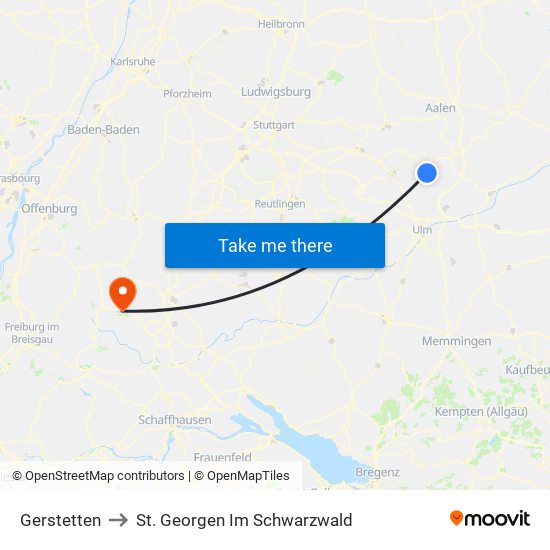 Gerstetten to St. Georgen Im Schwarzwald map