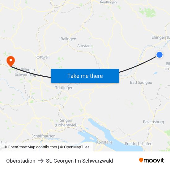 Oberstadion to St. Georgen Im Schwarzwald map