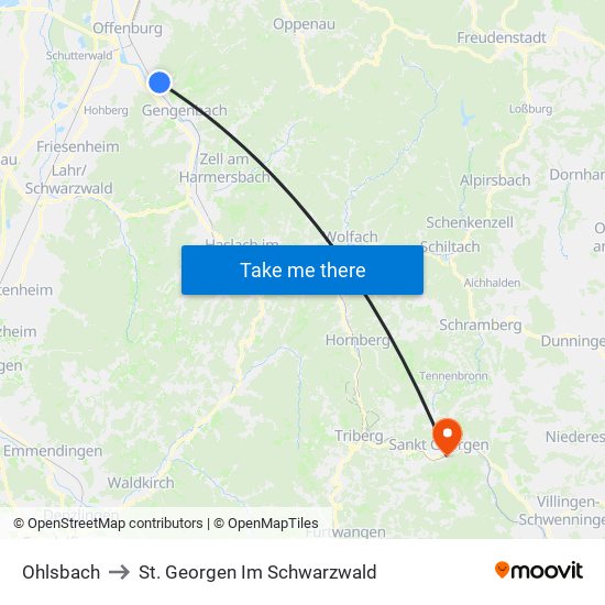 Ohlsbach to St. Georgen Im Schwarzwald map