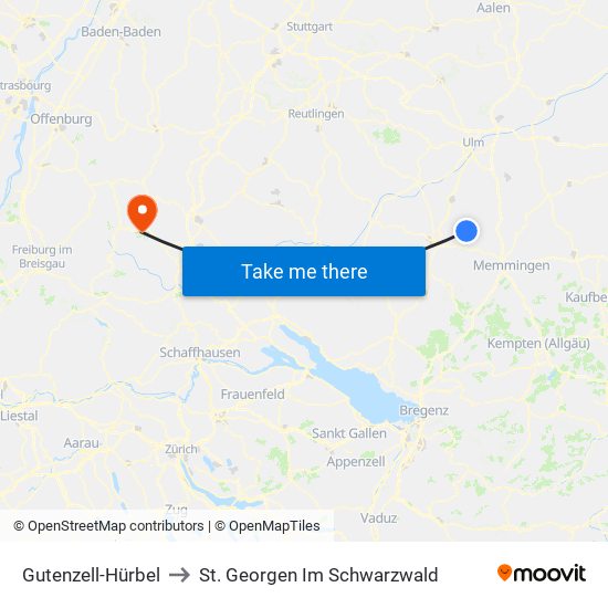 Gutenzell-Hürbel to St. Georgen Im Schwarzwald map