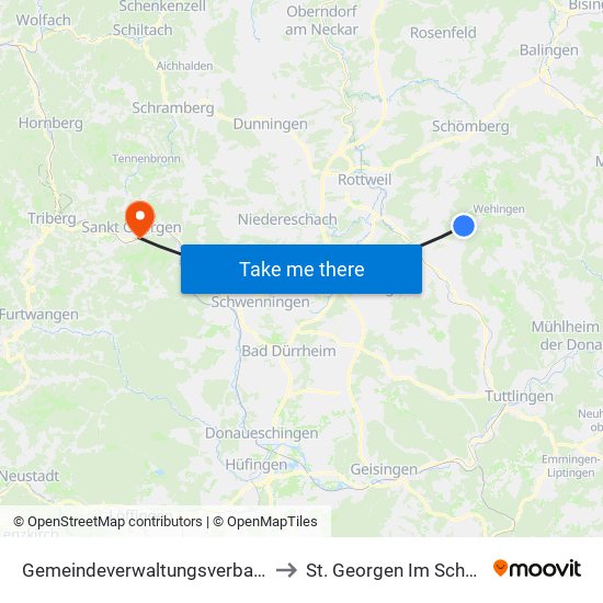 Gemeindeverwaltungsverband Heuberg to St. Georgen Im Schwarzwald map