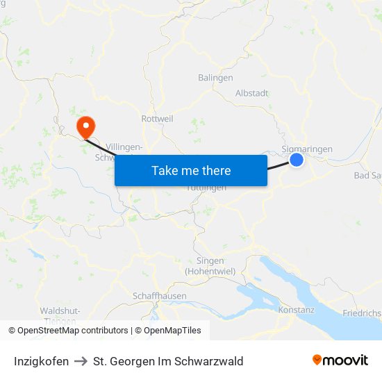 Inzigkofen to St. Georgen Im Schwarzwald map