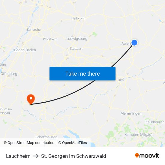 Lauchheim to St. Georgen Im Schwarzwald map