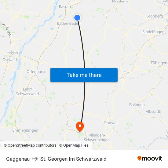 Gaggenau to St. Georgen Im Schwarzwald map