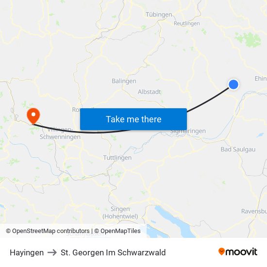 Hayingen to St. Georgen Im Schwarzwald map