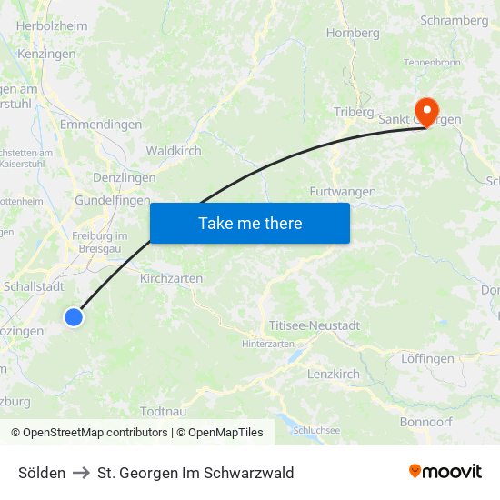 Sölden to St. Georgen Im Schwarzwald map