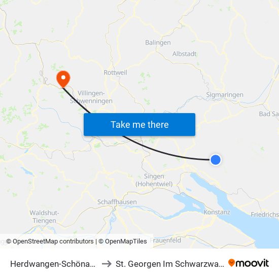 Herdwangen-Schönach to St. Georgen Im Schwarzwald map