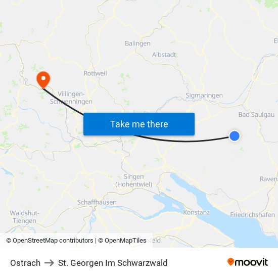 Ostrach to St. Georgen Im Schwarzwald map