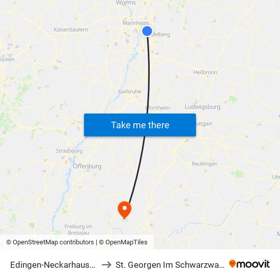 Edingen-Neckarhausen to St. Georgen Im Schwarzwald map