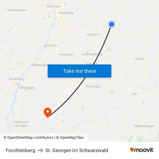 Forchtenberg to St. Georgen Im Schwarzwald map