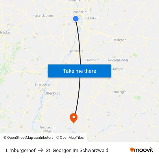 Limburgerhof to St. Georgen Im Schwarzwald map