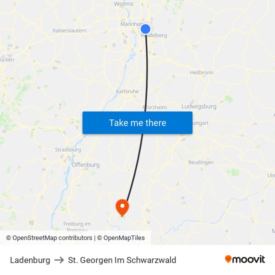 Ladenburg to St. Georgen Im Schwarzwald map