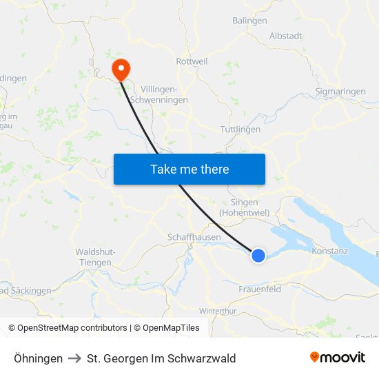 Öhningen to St. Georgen Im Schwarzwald map