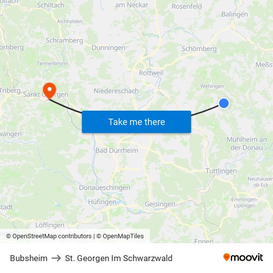 Bubsheim to St. Georgen Im Schwarzwald map