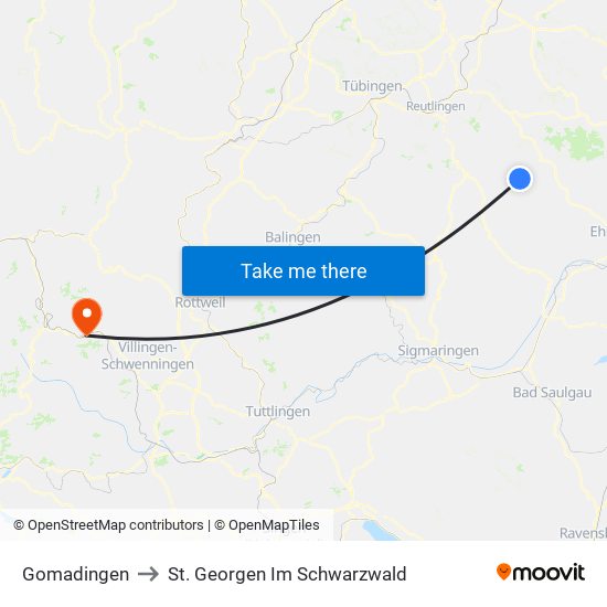 Gomadingen to St. Georgen Im Schwarzwald map