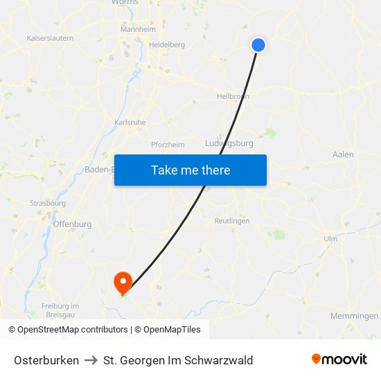 Osterburken to St. Georgen Im Schwarzwald map