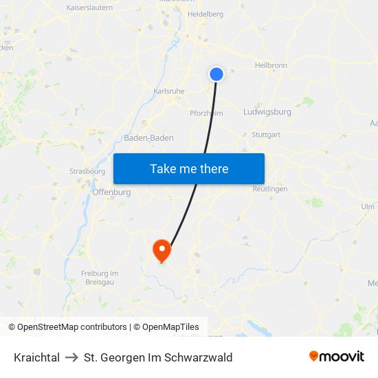 Kraichtal to St. Georgen Im Schwarzwald map