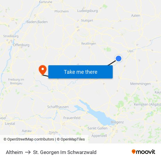 Altheim to St. Georgen Im Schwarzwald map