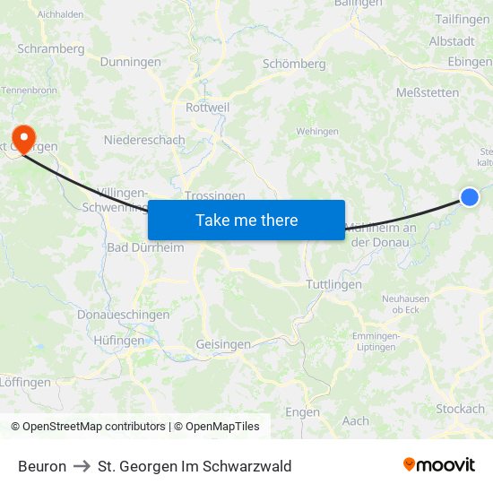 Beuron to St. Georgen Im Schwarzwald map