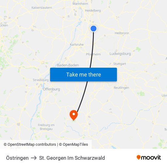 Östringen to St. Georgen Im Schwarzwald map