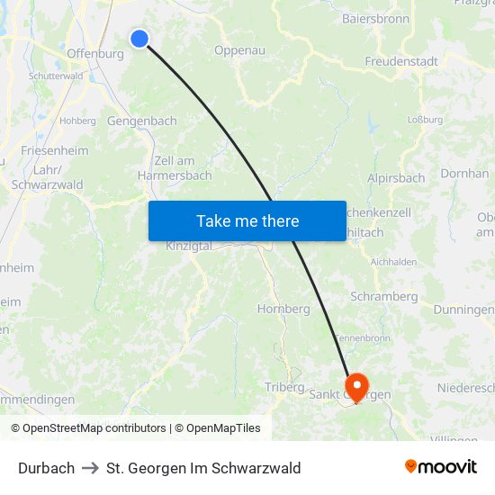 Durbach to St. Georgen Im Schwarzwald map