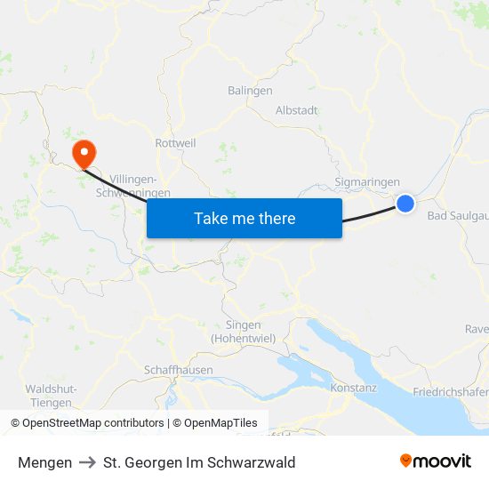 Mengen to St. Georgen Im Schwarzwald map
