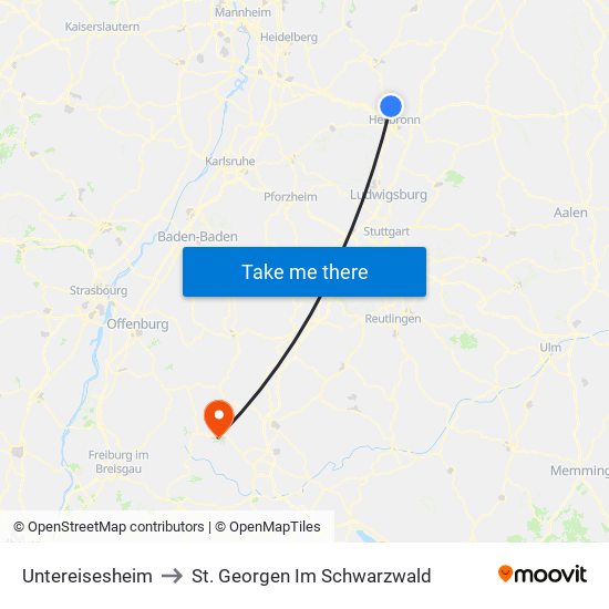 Untereisesheim to St. Georgen Im Schwarzwald map