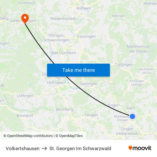 Volkertshausen to St. Georgen Im Schwarzwald map