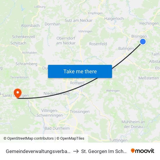 Gemeindeverwaltungsverband Bisingen to St. Georgen Im Schwarzwald map