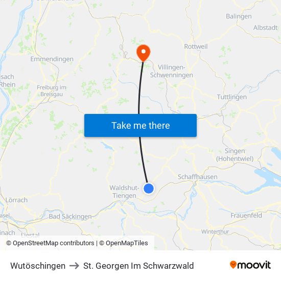 Wutöschingen to St. Georgen Im Schwarzwald map